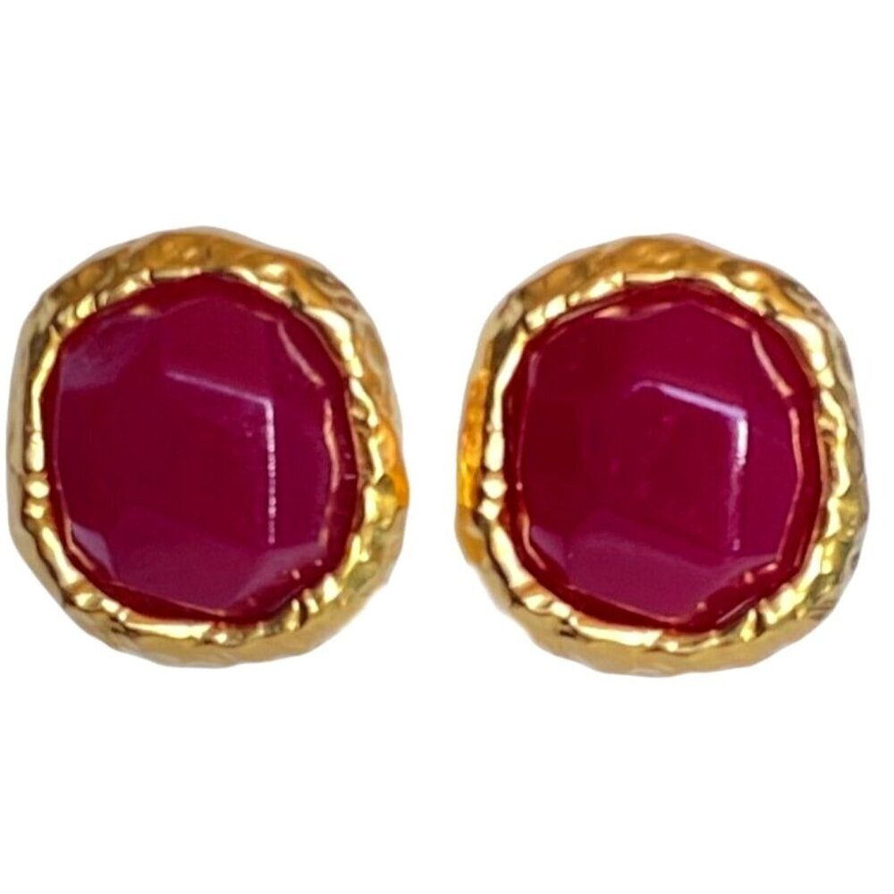 Anne Klein Couture Vintage Gold Magenta Cabochon Maximalist Clip On Earrings